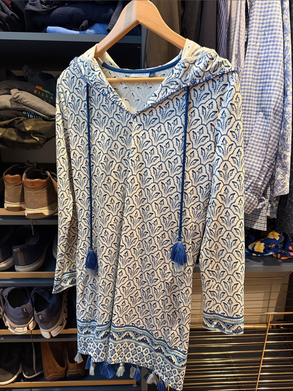 Cabana Life Blue & Cream Hooded V-Neck Tassel Coverup